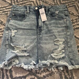 Super High Rise Distressed Denim Mini Skirt